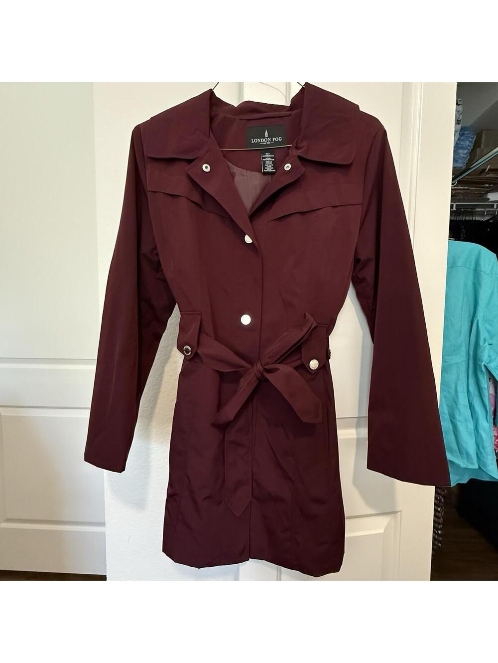 London Fog Burgundy Belted Collared Trench Coat Sz L Large Missing The Hood